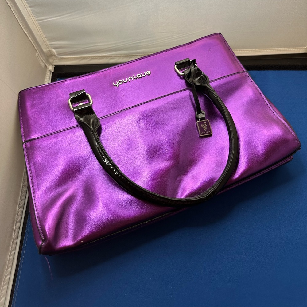 Younique Makeup Travel Bag/Tote Metallic Purple 
10x14 Double Handle & Strap